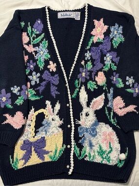 Vintage Belle Pointe Easter Bunny Cardigan XL Navy
